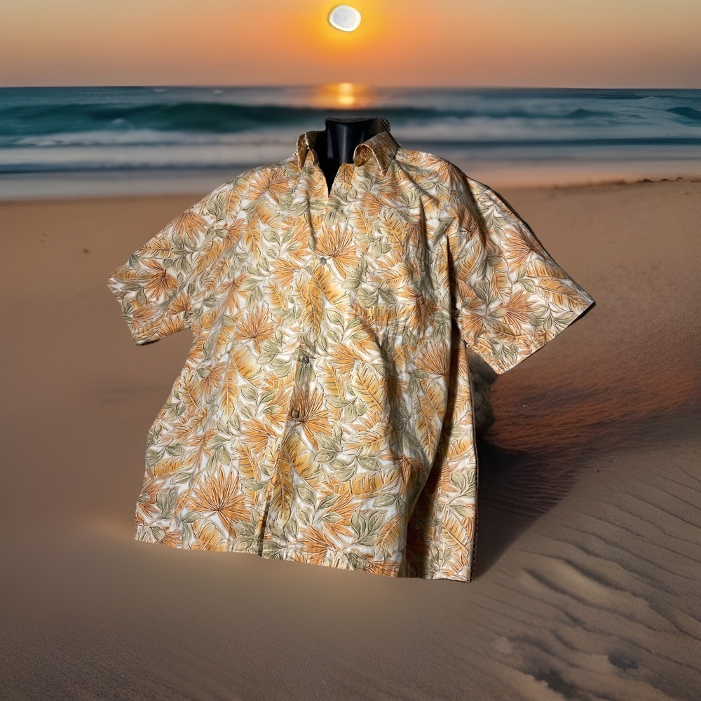 Pierre Cardin Men's XL Palm Fronds Hawaiian Aloha Button Shirt Vintage